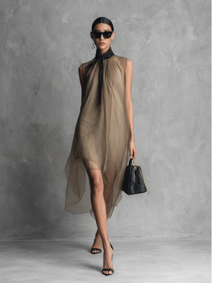 Yupha - Vestido MIDI Asimétrico De Cuello Alto Y Tejido Transparente