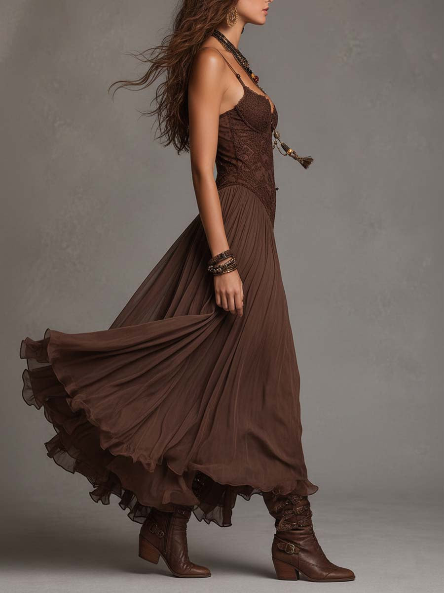 Serisha - Vestido Largo Fluido Con Corpiño De Encaje
