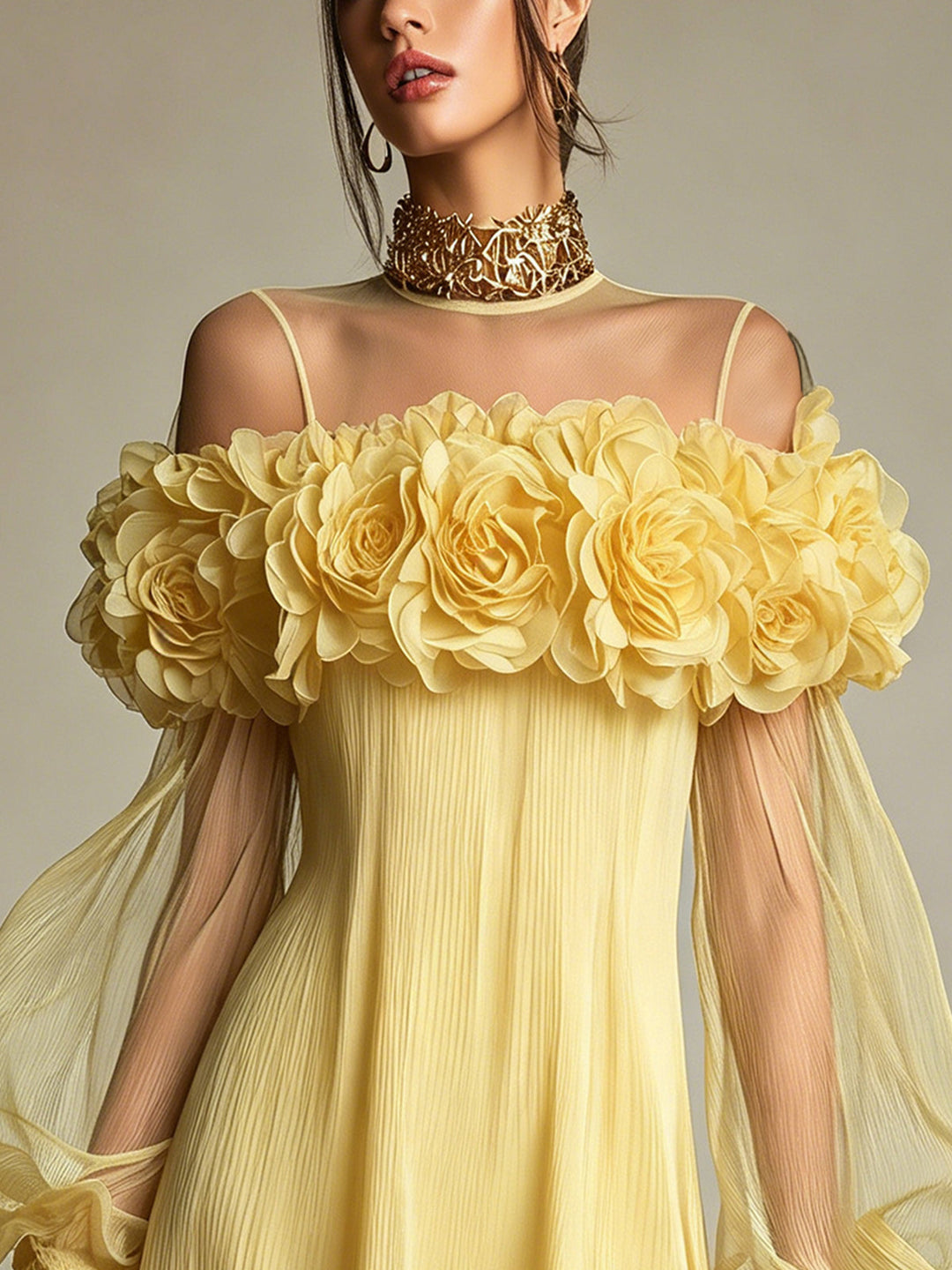 Liziana - Mini Vestido Plisado Con Adornos Florales En 3D