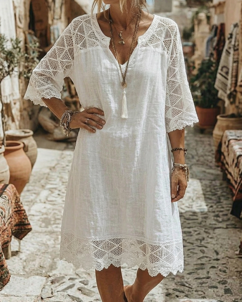 Kilina - Vestido De Encaje Con Cuello En V y Diseño De Retazos