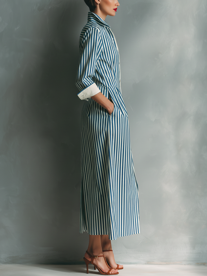 Makeda - Vestido Camisero a Rayas Con Bolsillo en El Pecho