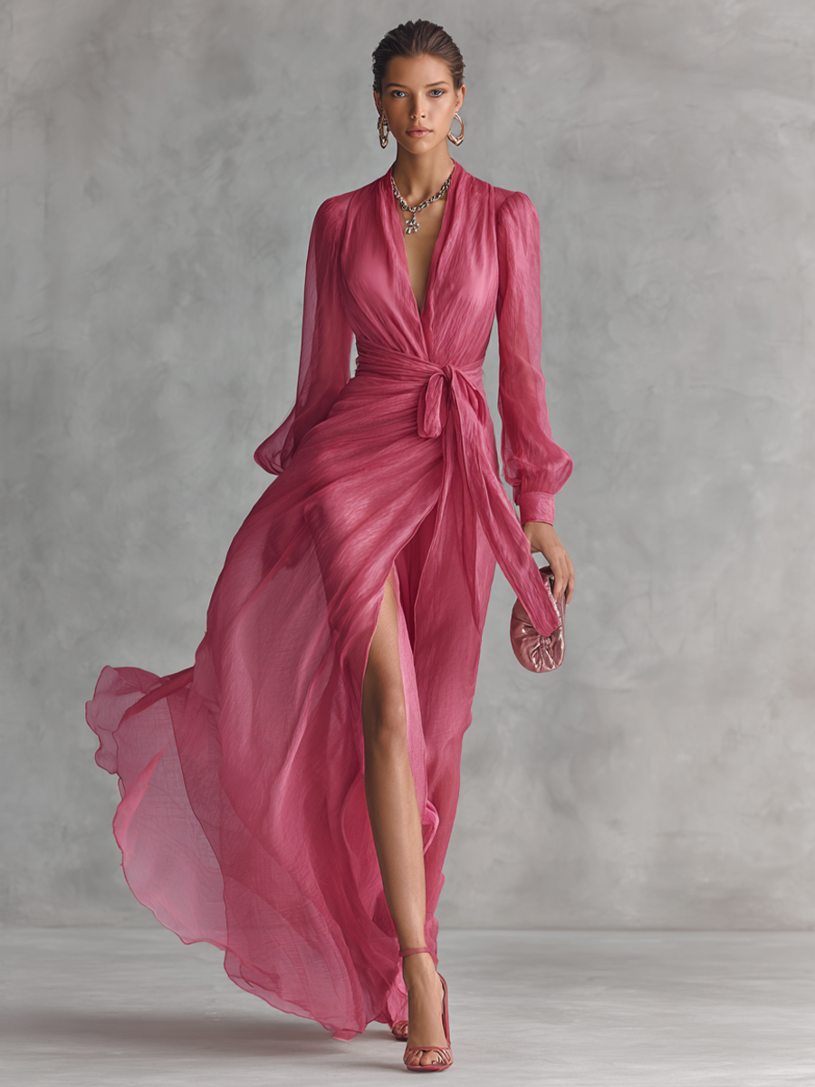 Jalesa - Vestido Largo De Gasa Con Lazo En La Cintura