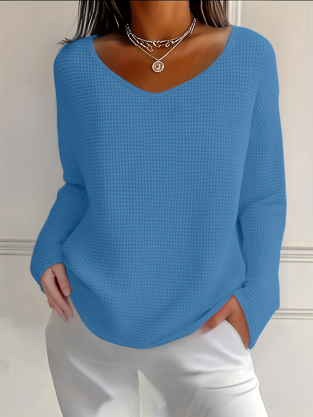 Bernice - Camiseta De Manga Larga Con Cuello en V Y Tejido Tipo Gofre