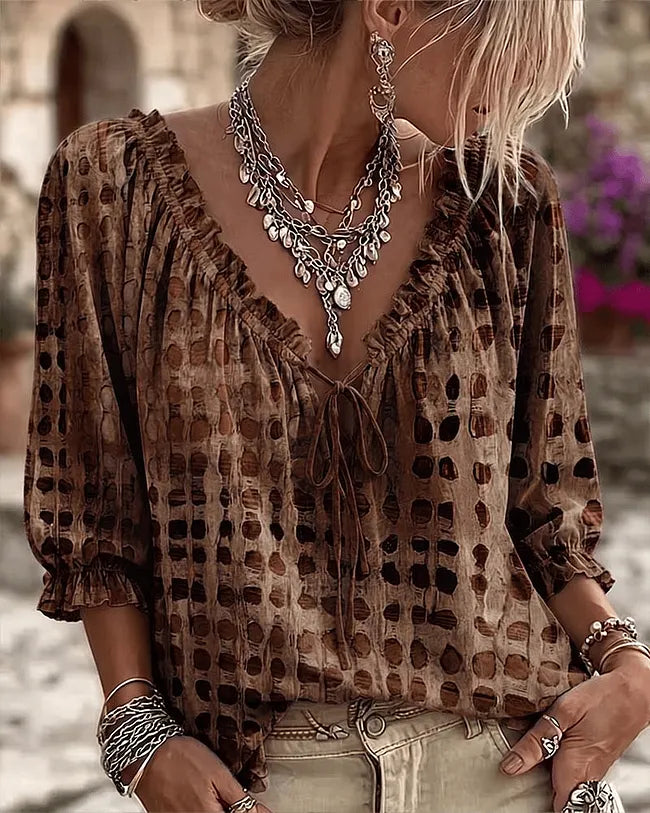 Orlyna - Blusa De Lunares Con Cordones Y Cuello en V