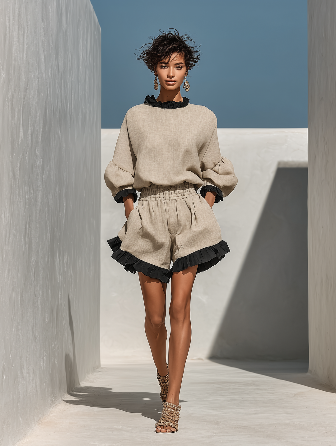 Simi - Blusa y Pantalones Cortos Con Ribete De Volantes De Lino