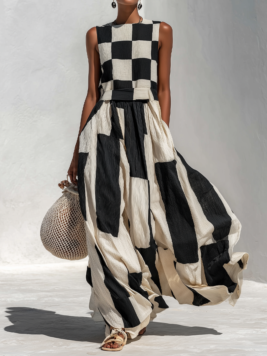 Ashlyn - Vestido Sin Mangas Con Paneles a Cuadros Y Rayas