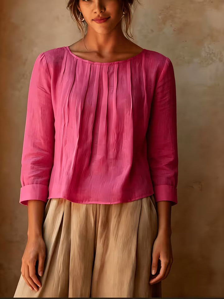 Gelina - Blusa De Cuello Redondo Con Pliegues en La Parte Delantera
