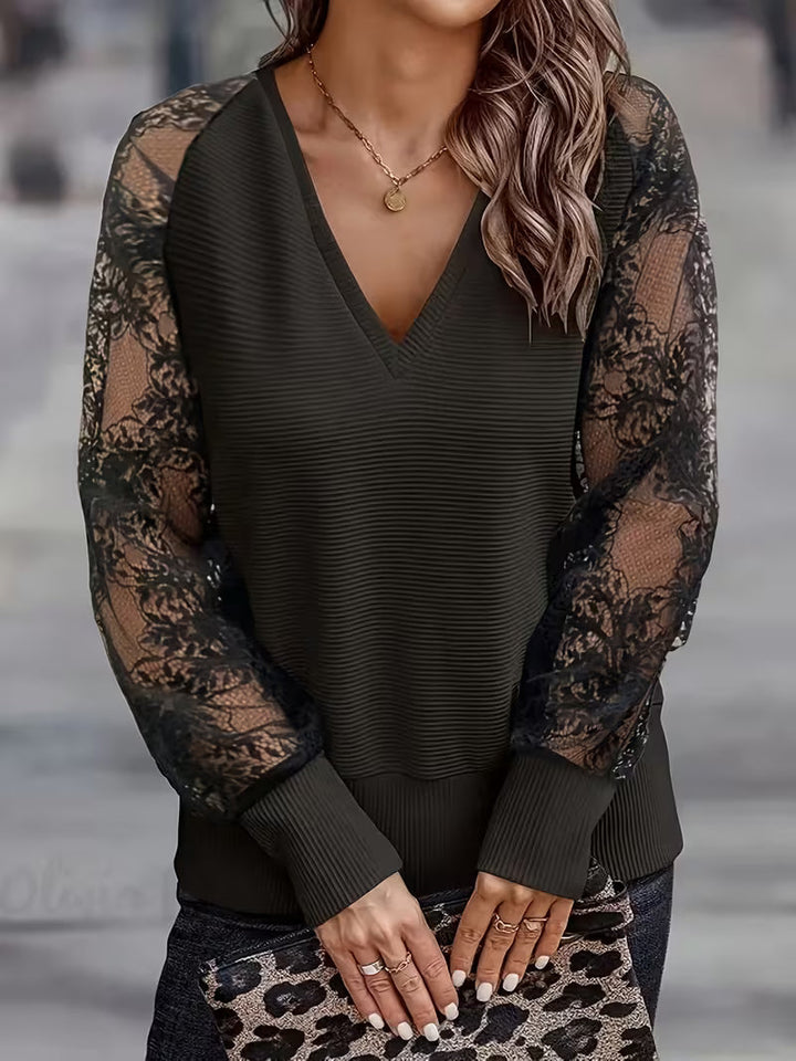 Shina - Top De Cuello en V Con Mangas De Encaje Y Tejido Acanalado