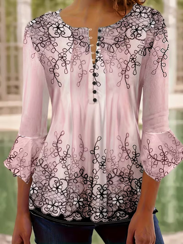 Mesley - Blusa De Manga Media Con Estampado Floral Y Ribete De Volantes