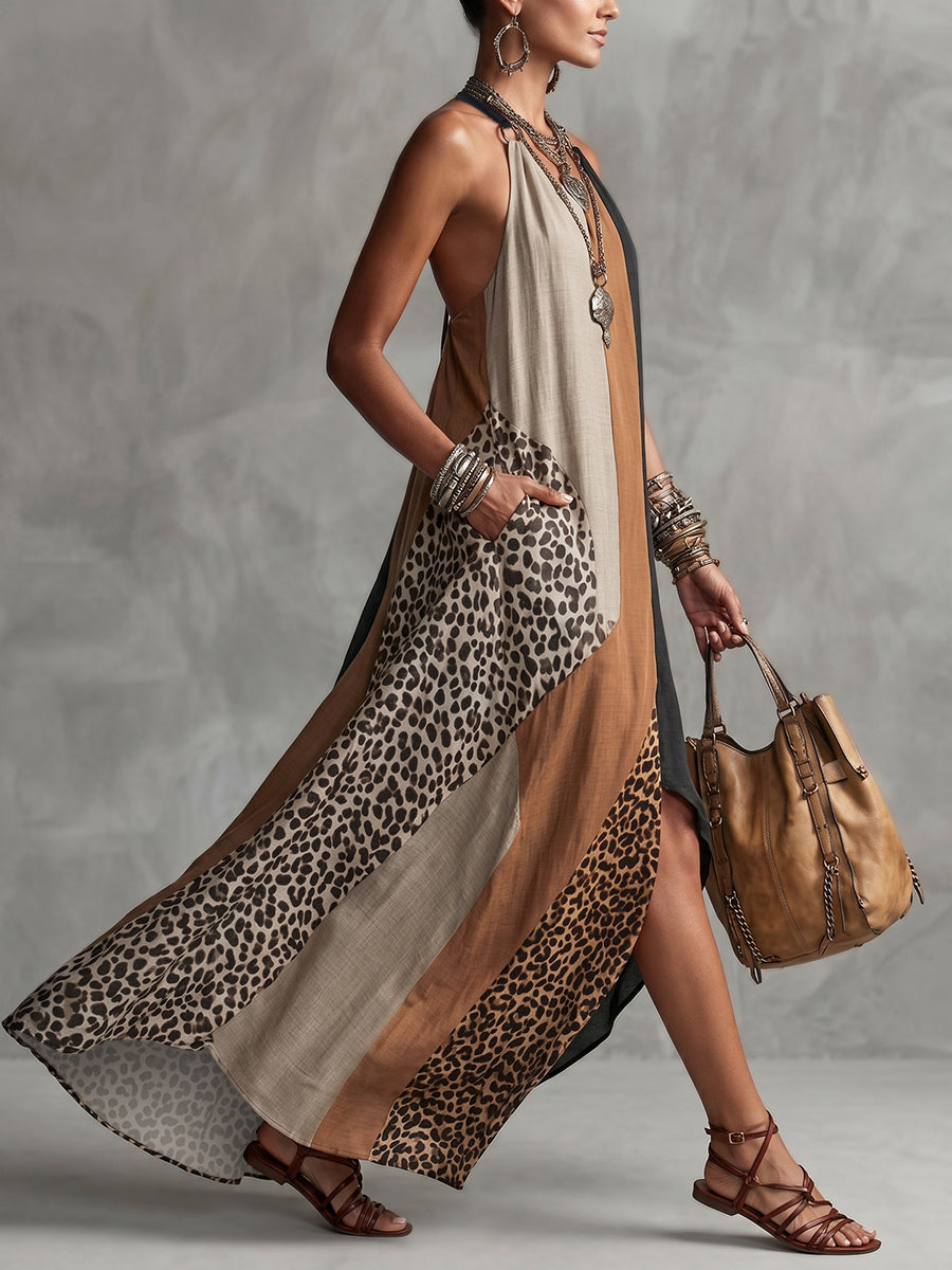 Terina - Vestido Largo Con Paneles De Estampado De Leopardo