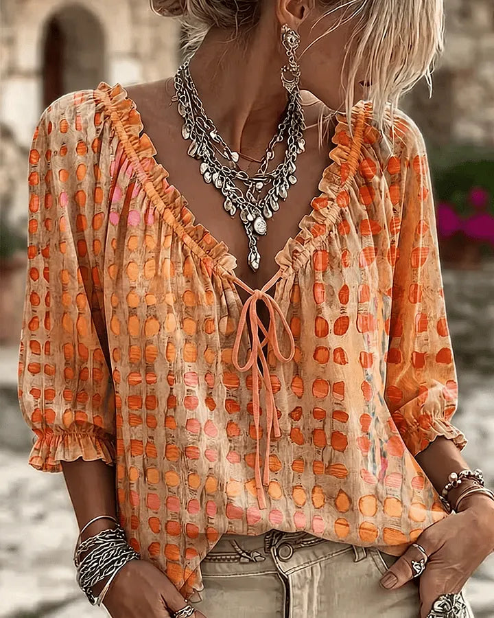 Orlyna - Blusa De Lunares Con Cordones Y Cuello en V