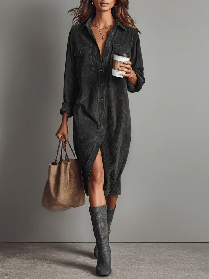 Nurcan - Vestido Camisero Con Textura de Pana y Bolsillos