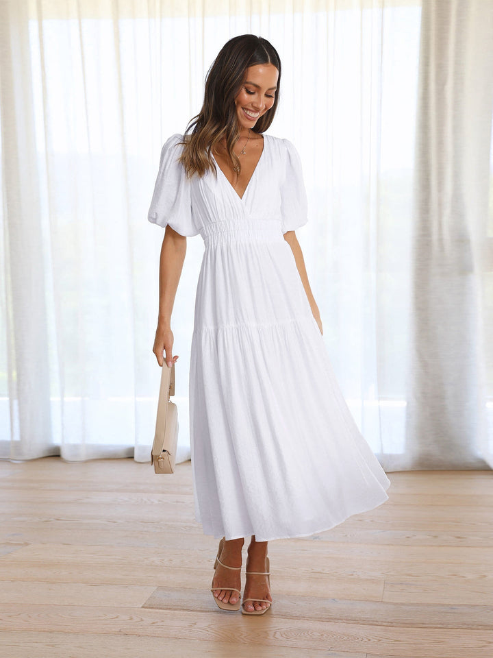 Delphine - Elegante Vestido Midi Con Cuello en V Y Mangas Con Volantes