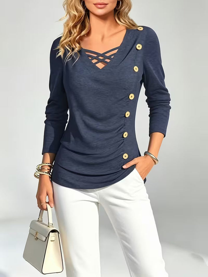 Keziana - Blusa De Manga Larga Con Cuello en V Y Botones