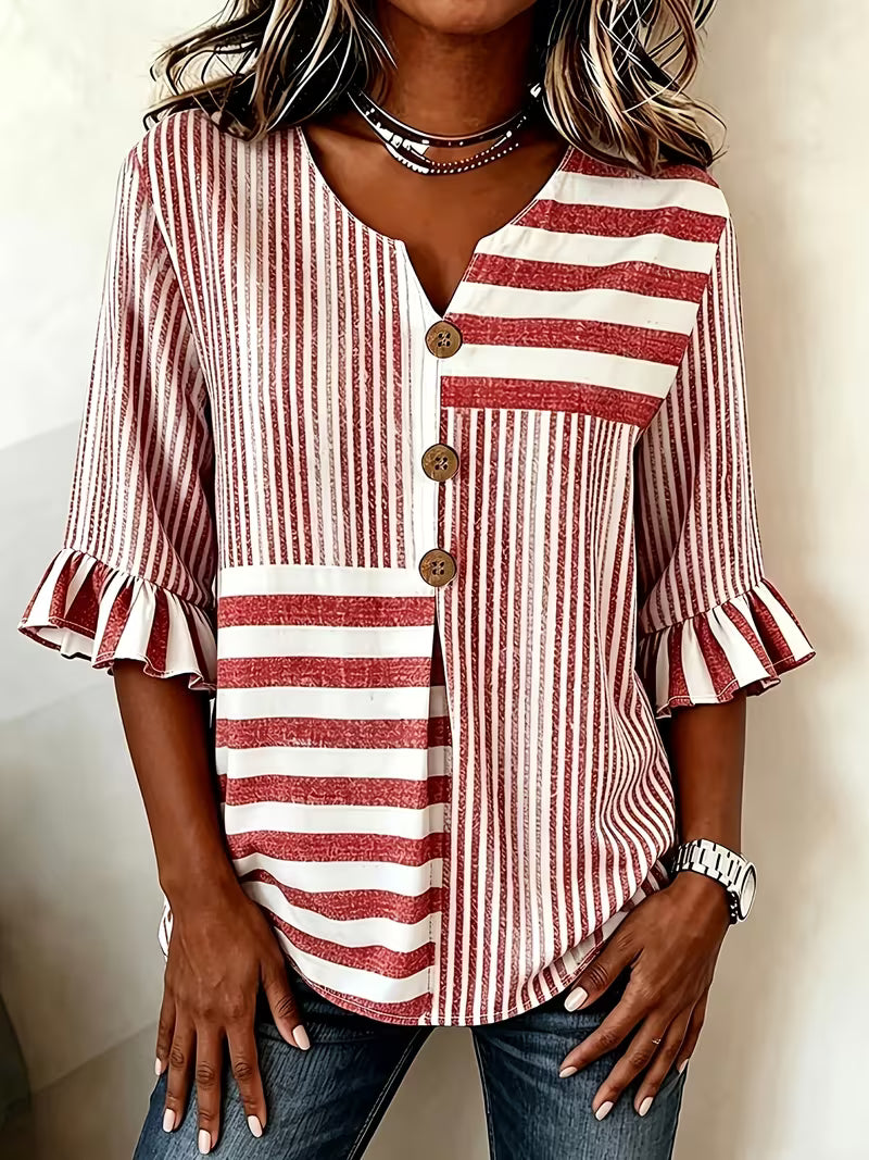 Avyra - Blusa a Rayas Con Patchwork Y Mangas Con Volantes