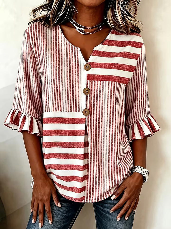 Avyra - Blusa a Rayas Con Patchwork Y Mangas Con Volantes