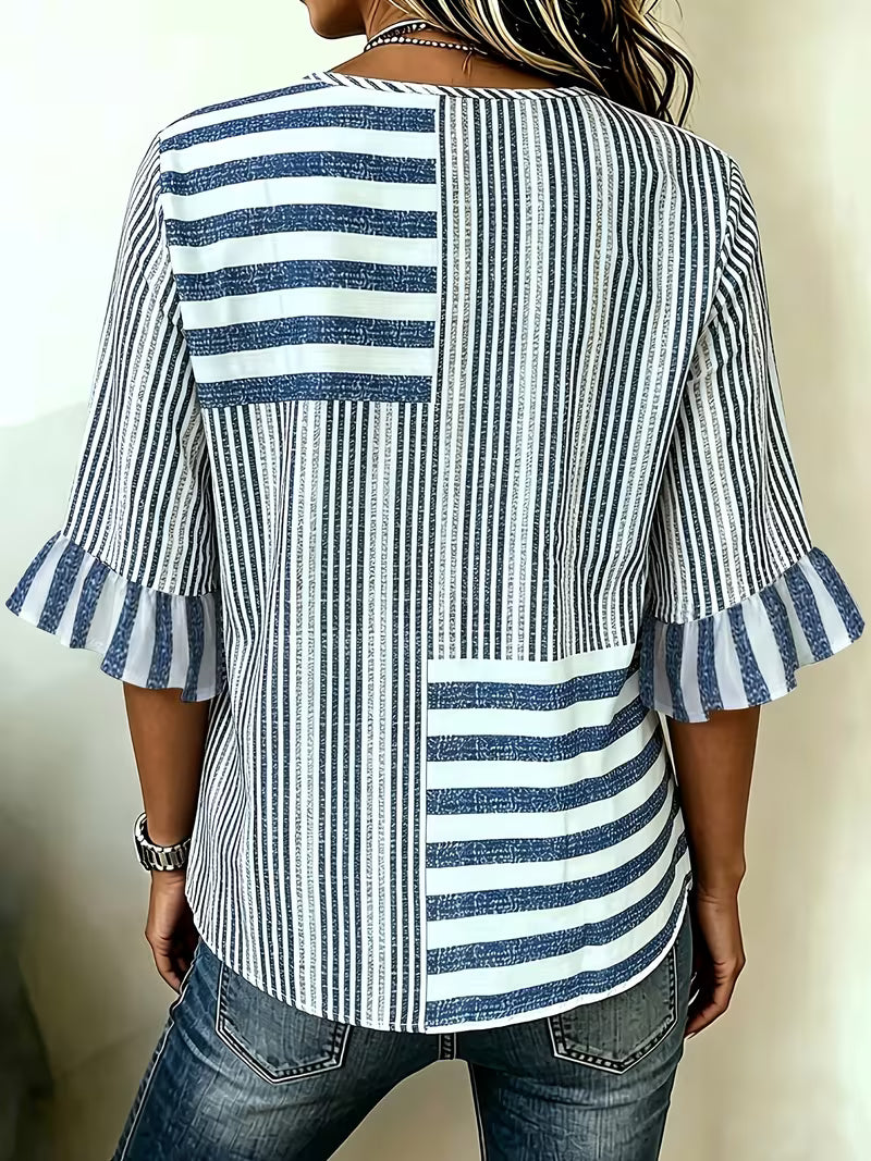 Avyra - Blusa a Rayas Con Patchwork Y Mangas Con Volantes