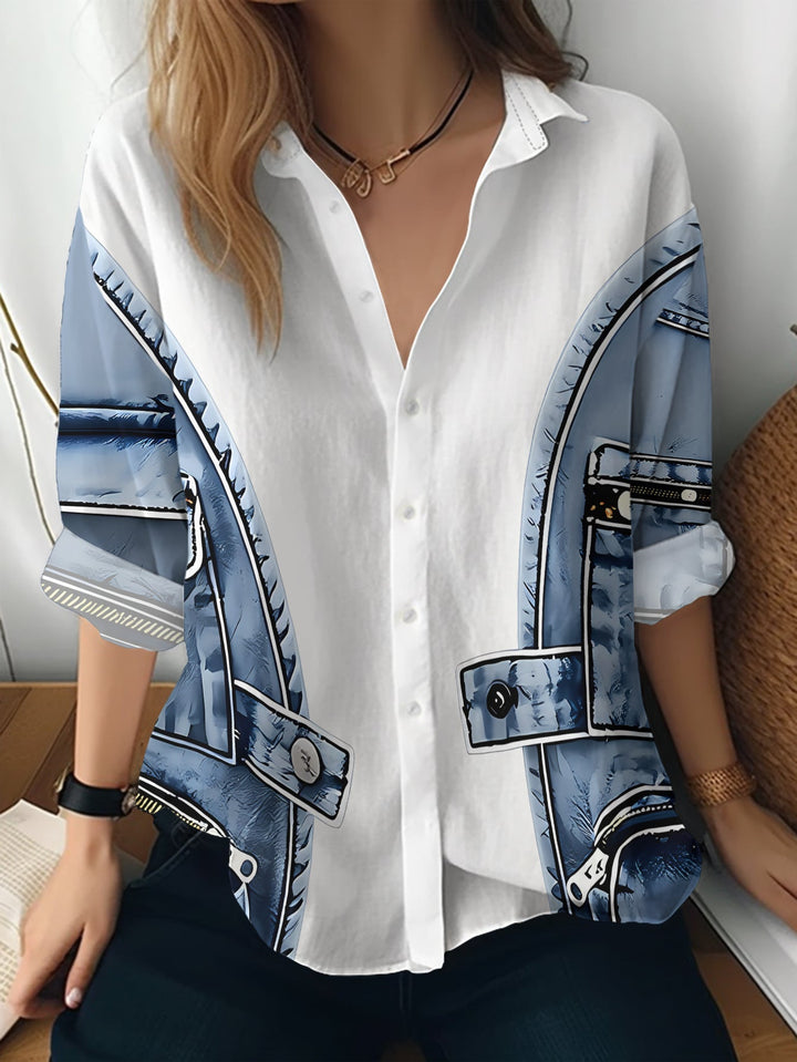 Alfiya - Camisa De Manga Larga Con Bolsillo De Chaleco Vaquero