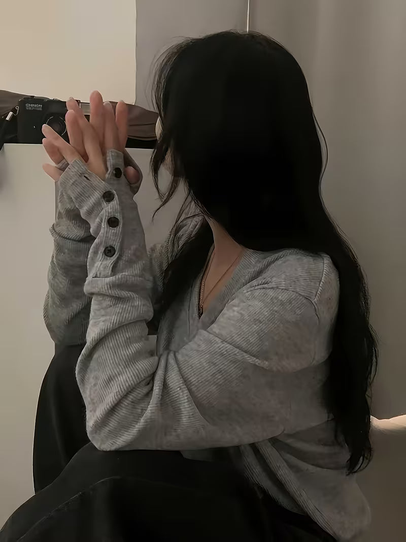 Kebina - Jersey De Cuello en V Con Puños Acanalados Y Botones