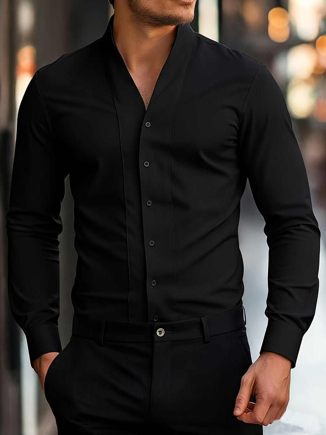 Almasbek - Camisa De Manga Larga Con Cuello en V Y Corte Ajustado