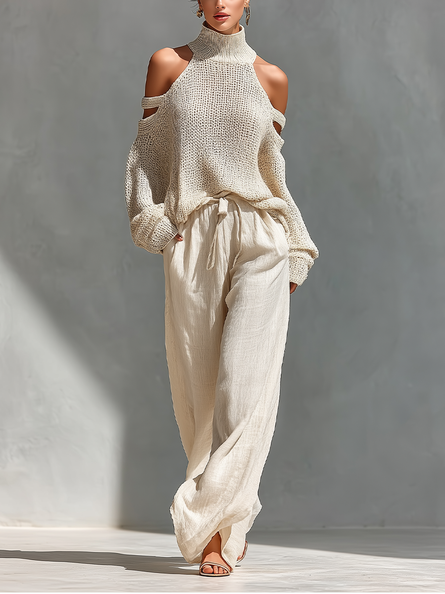 Elyzia - Conjunto De Top De Punto y Pantalones Anchos