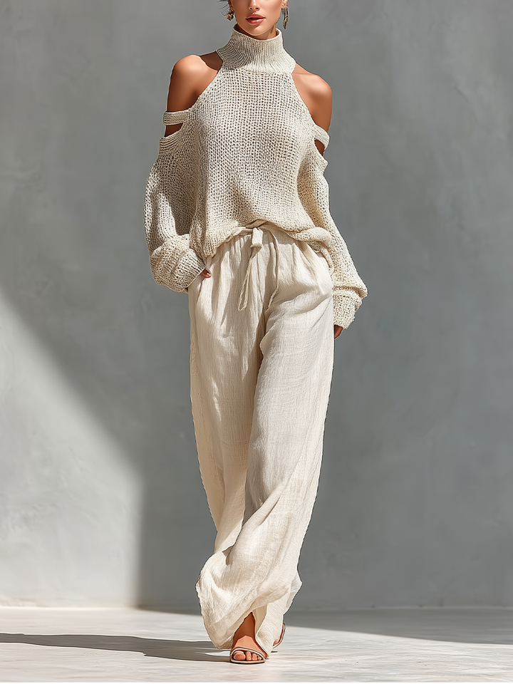 Elyzia - Conjunto De Top De Punto y Pantalones Anchos