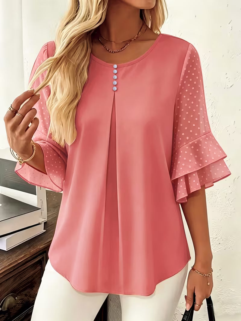 Hurley - Blusa de Cuello Redondo Con Mangas Transparentes Con Volantes