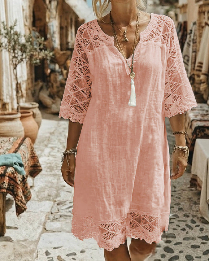 Kilina - Vestido De Encaje Con Cuello En V y Diseño De Retazos