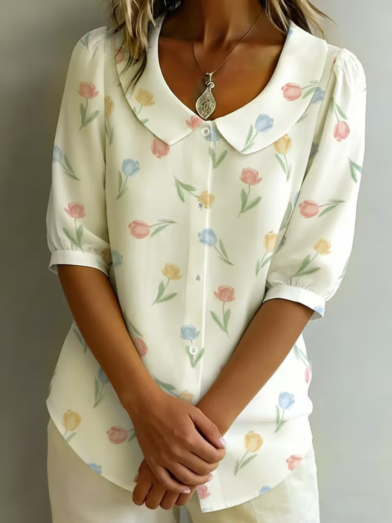 Alvique - Blusa De Manga Corta Con Cuello Estampado Floral