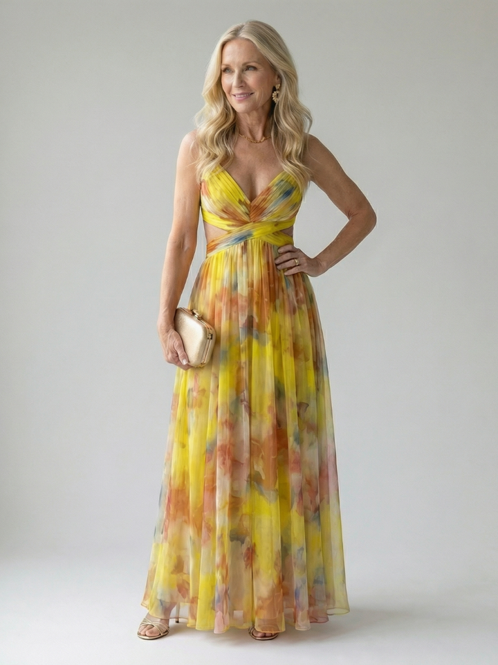 Xeenia - Elegante Vestido Largo De Gasa Con Aberturas