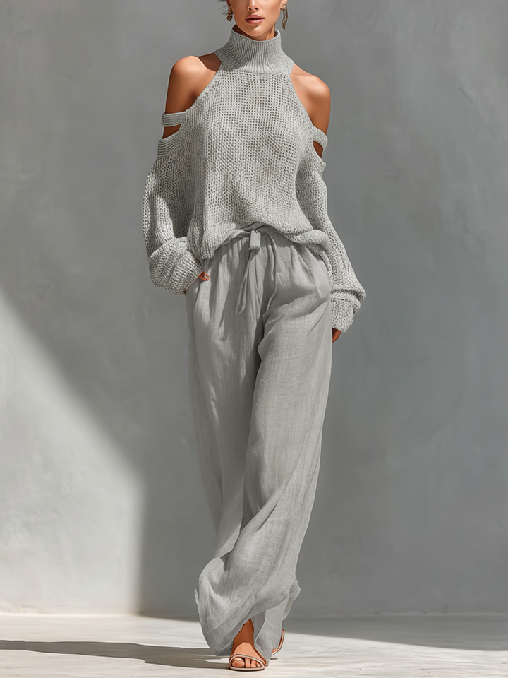 Elyzia - Conjunto De Top De Punto y Pantalones Anchos