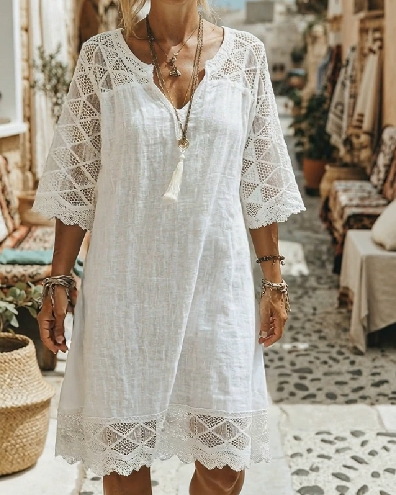 Kilina - Vestido De Encaje Con Cuello En V y Diseño De Retazos
