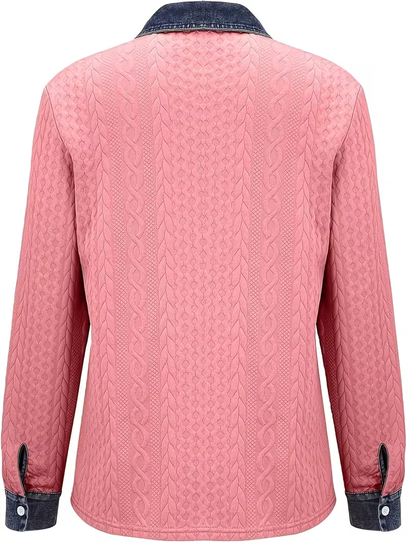 Eryna - Camiseta de Manga Larga Con Punto Trenzado y Cuello de Vaquero