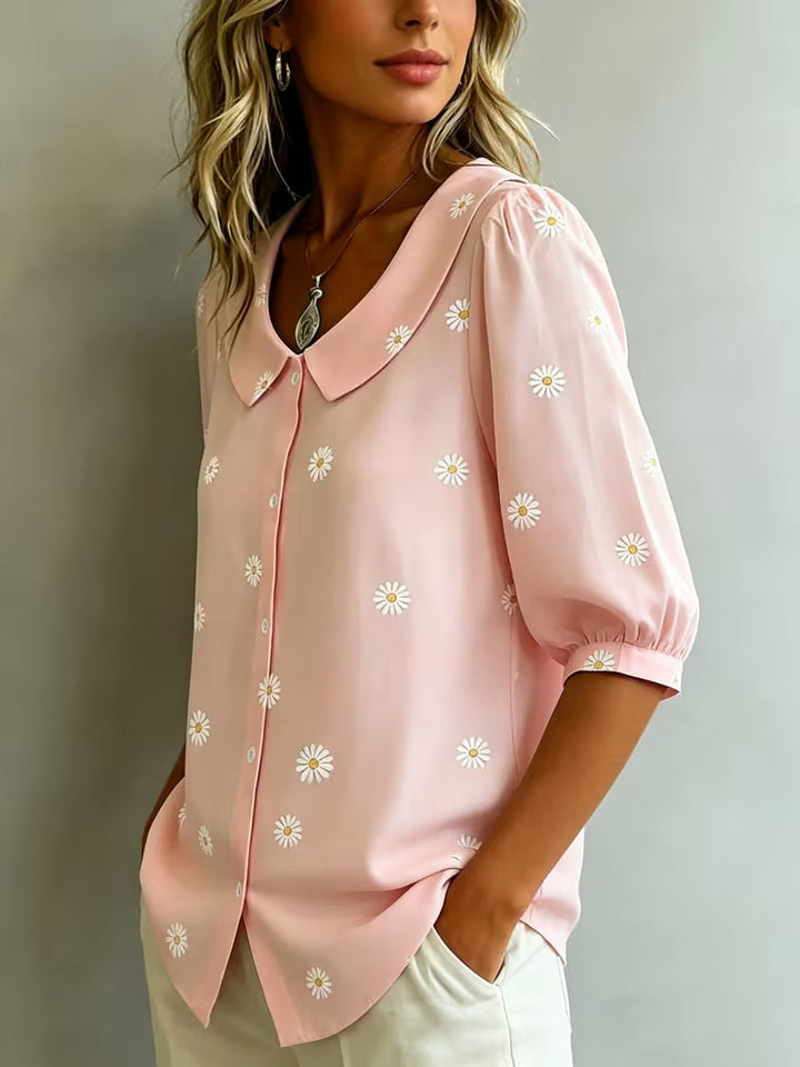 Alvique - Blusa De Manga Corta Con Cuello Estampado Floral