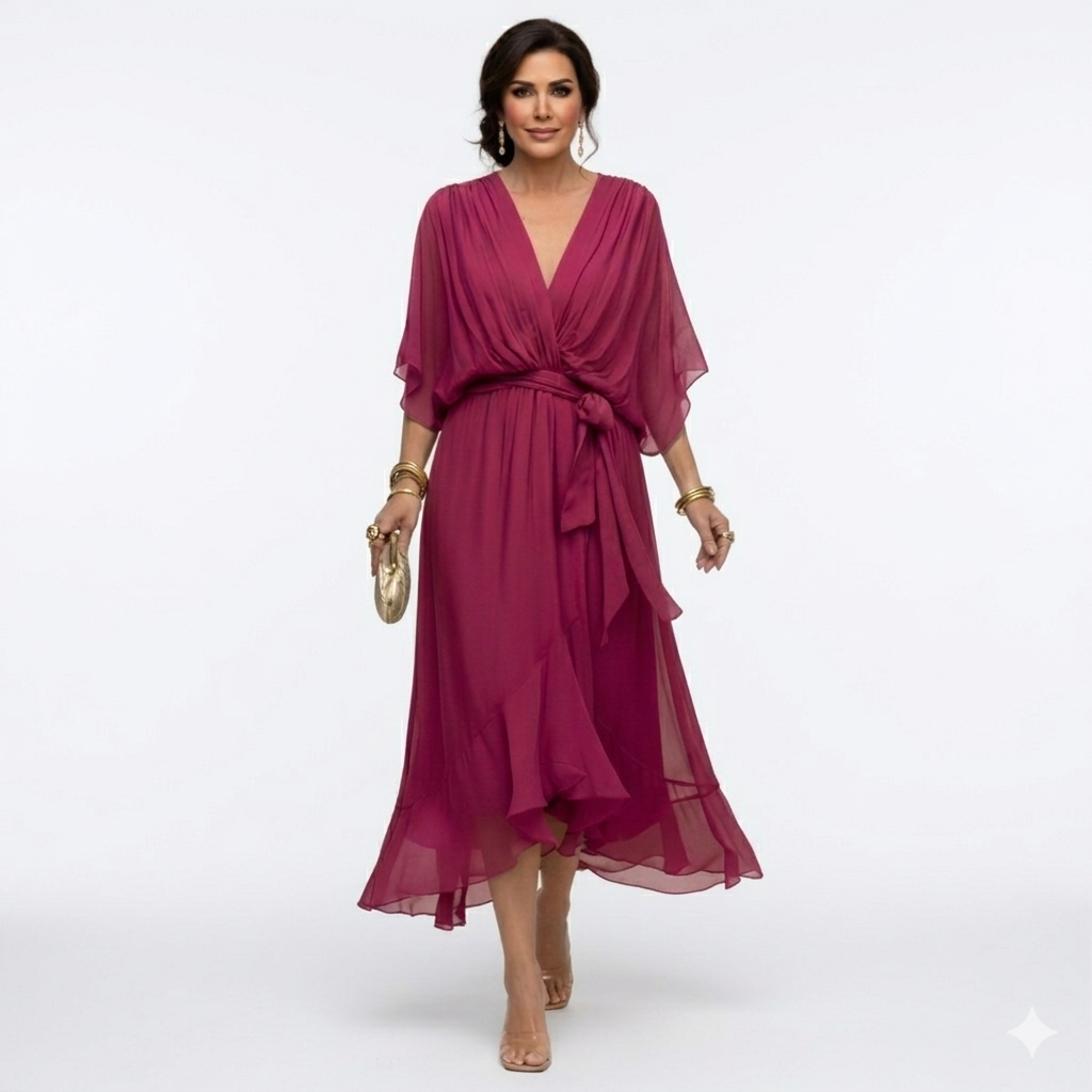 Zagda - Elegante Vestido Midi Con Cuello en V