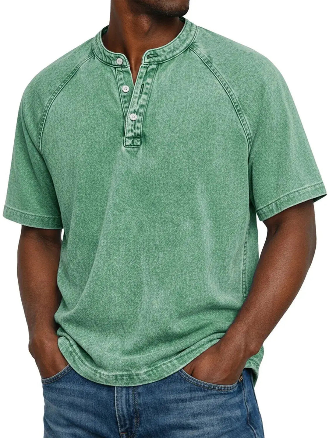Misael - Camiseta Henley de Manga Corta con Efecto Lavado Vintage