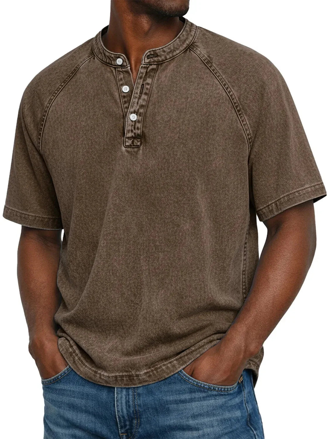 Misael - Camiseta Henley de Manga Corta con Efecto Lavado Vintage