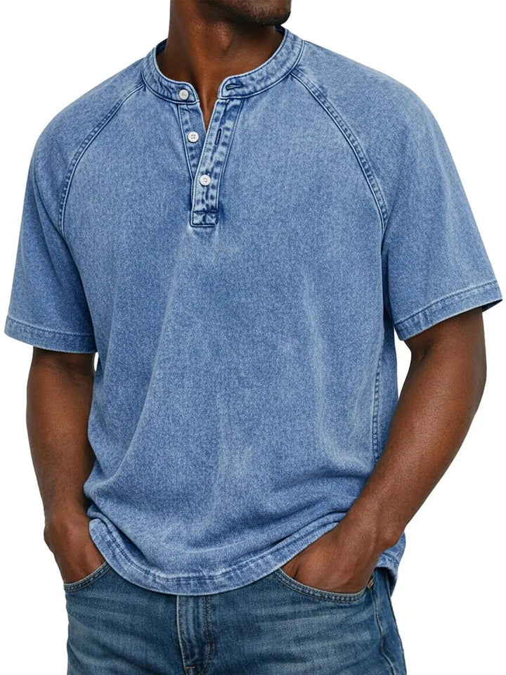 Misael - Camiseta Henley de Manga Corta con Efecto Lavado Vintage
