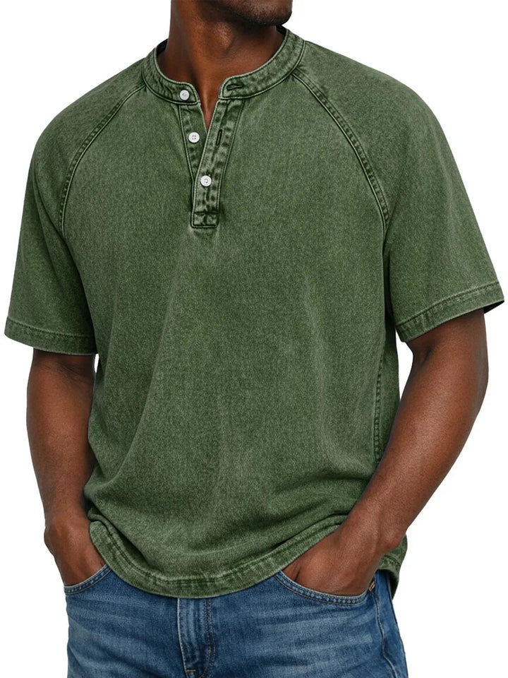 Misael - Camiseta Henley de Manga Corta con Efecto Lavado Vintage