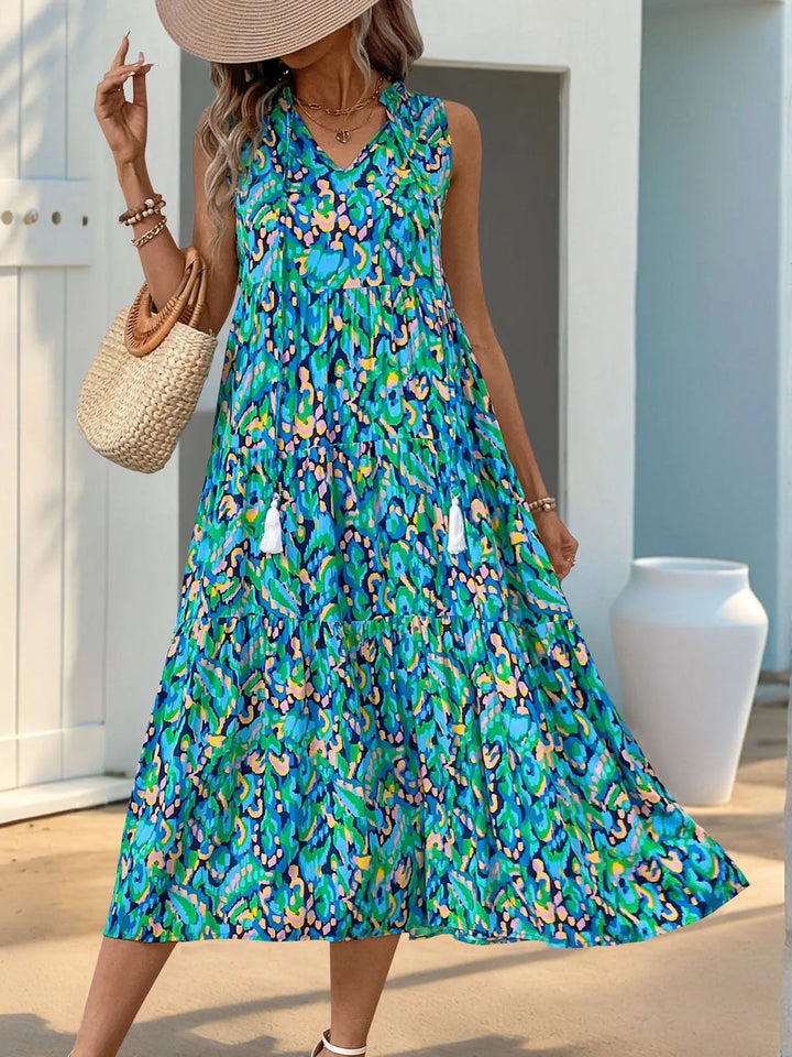 Minhee - Vestido Largo Sin Mangas Con Estampado Abstracto Y Corte Escalonado