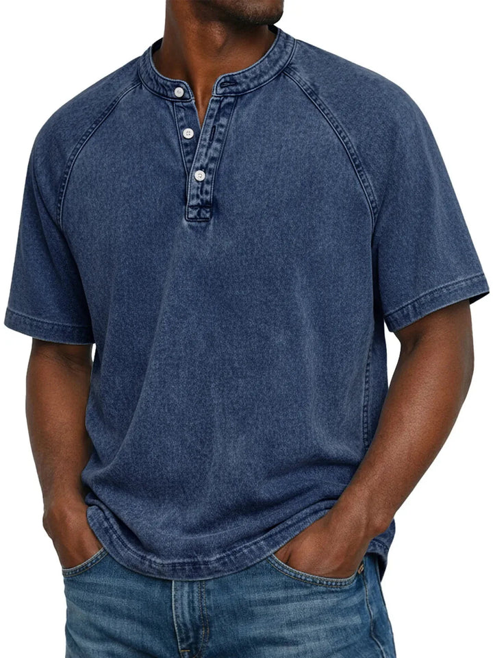 Misael - Camiseta Henley de Manga Corta con Efecto Lavado Vintage