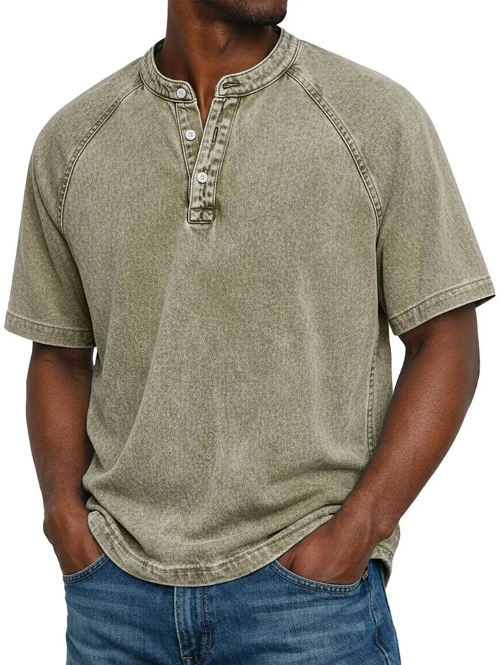 Misael - Camiseta Henley de Manga Corta con Efecto Lavado Vintage