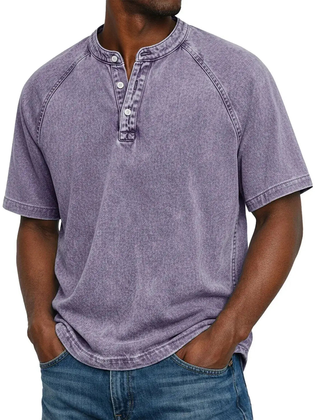 Misael - Camiseta Henley de Manga Corta con Efecto Lavado Vintage