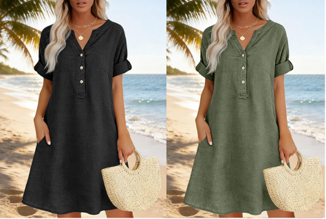 Jolande - Vestido Túnica Con Cuello en V y Bolsillos
