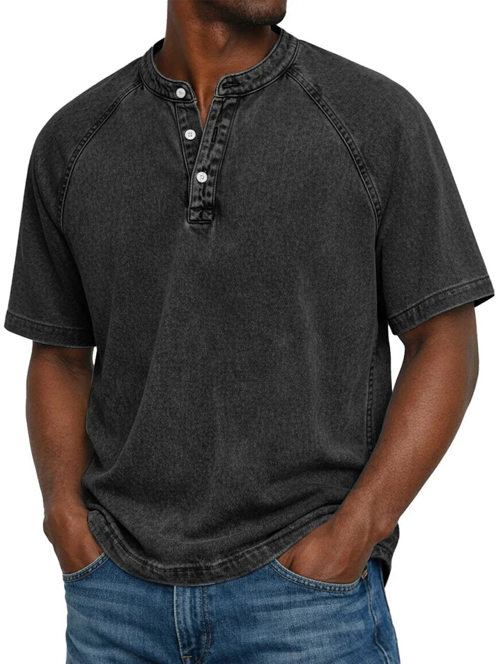 Misael - Camiseta Henley de Manga Corta con Efecto Lavado Vintage