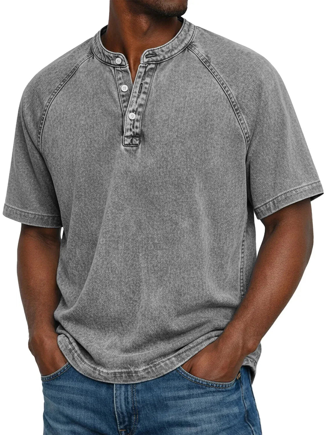Misael - Camiseta Henley de Manga Corta con Efecto Lavado Vintage