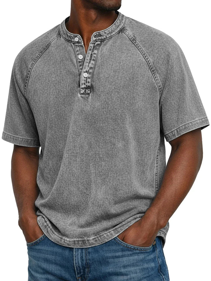 Misael - Camiseta Henley de Manga Corta con Efecto Lavado Vintage