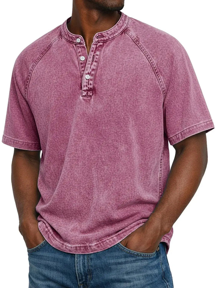 Misael - Camiseta Henley de Manga Corta con Efecto Lavado Vintage