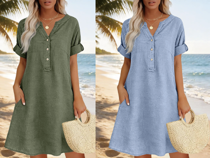 Jolande - Vestido Túnica Con Cuello en V y Bolsillos