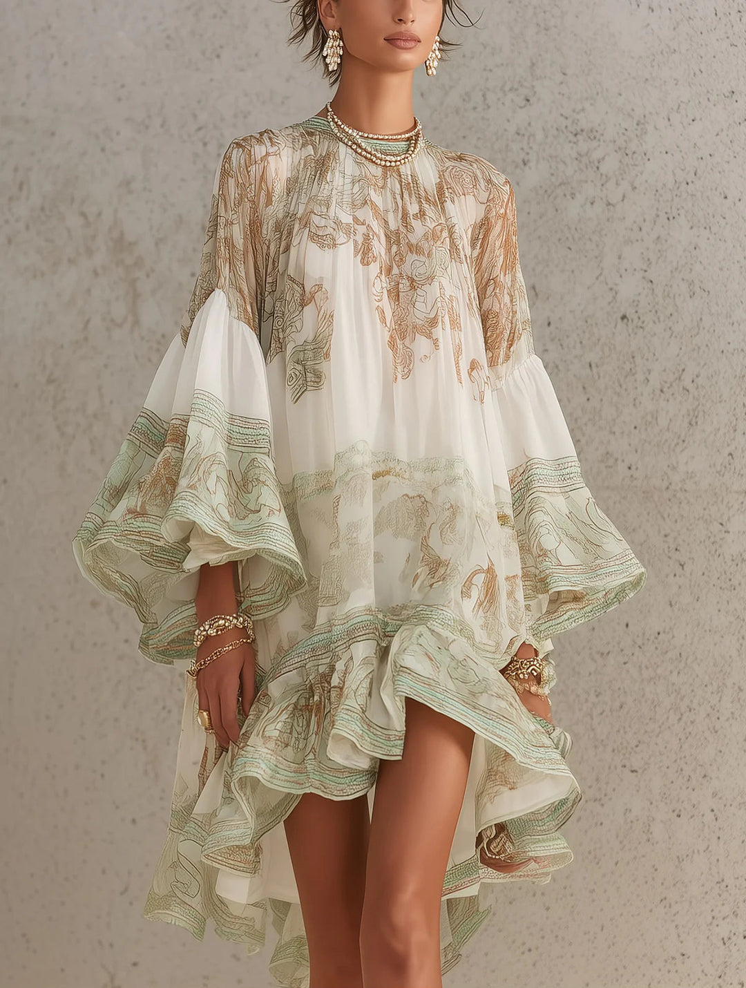 Reba - Minivestido De Gasa Con Estampado Barroco Y Volantes en Cascada